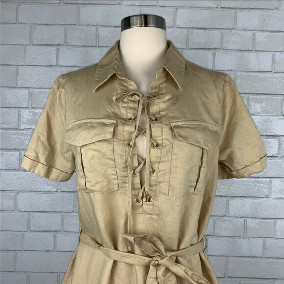 L'ACADEMIE REVOLVE Khaki Tan Cream Safari Lace-Up Short Sleeve Tie Dress Small - Picture 4 of 8